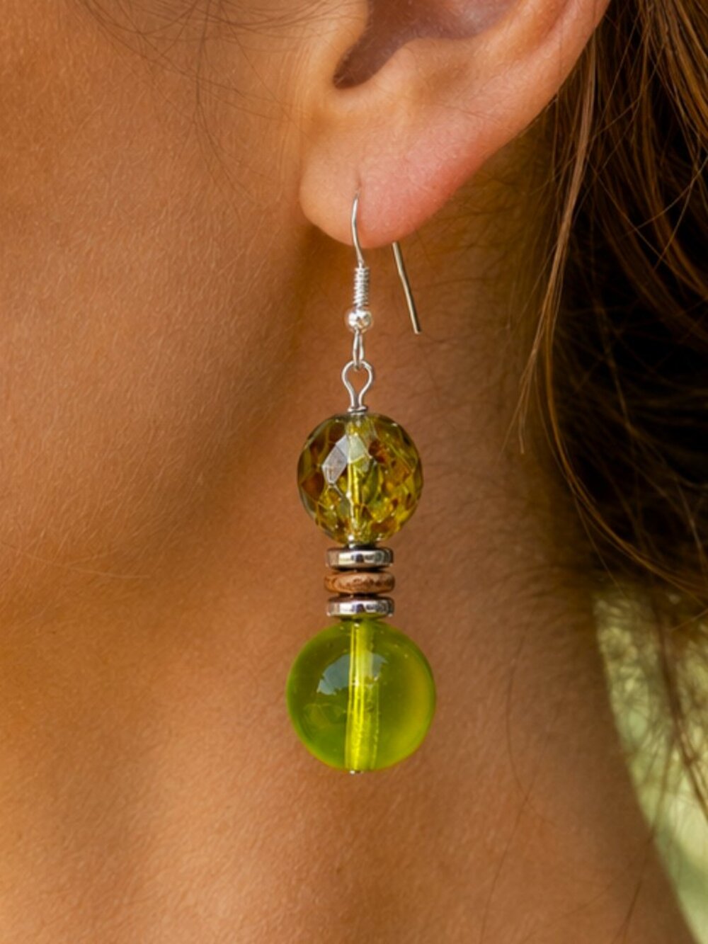 Woodland Boho Green Glass & Coconut Earrings, Sterling Silver 925 Hooks